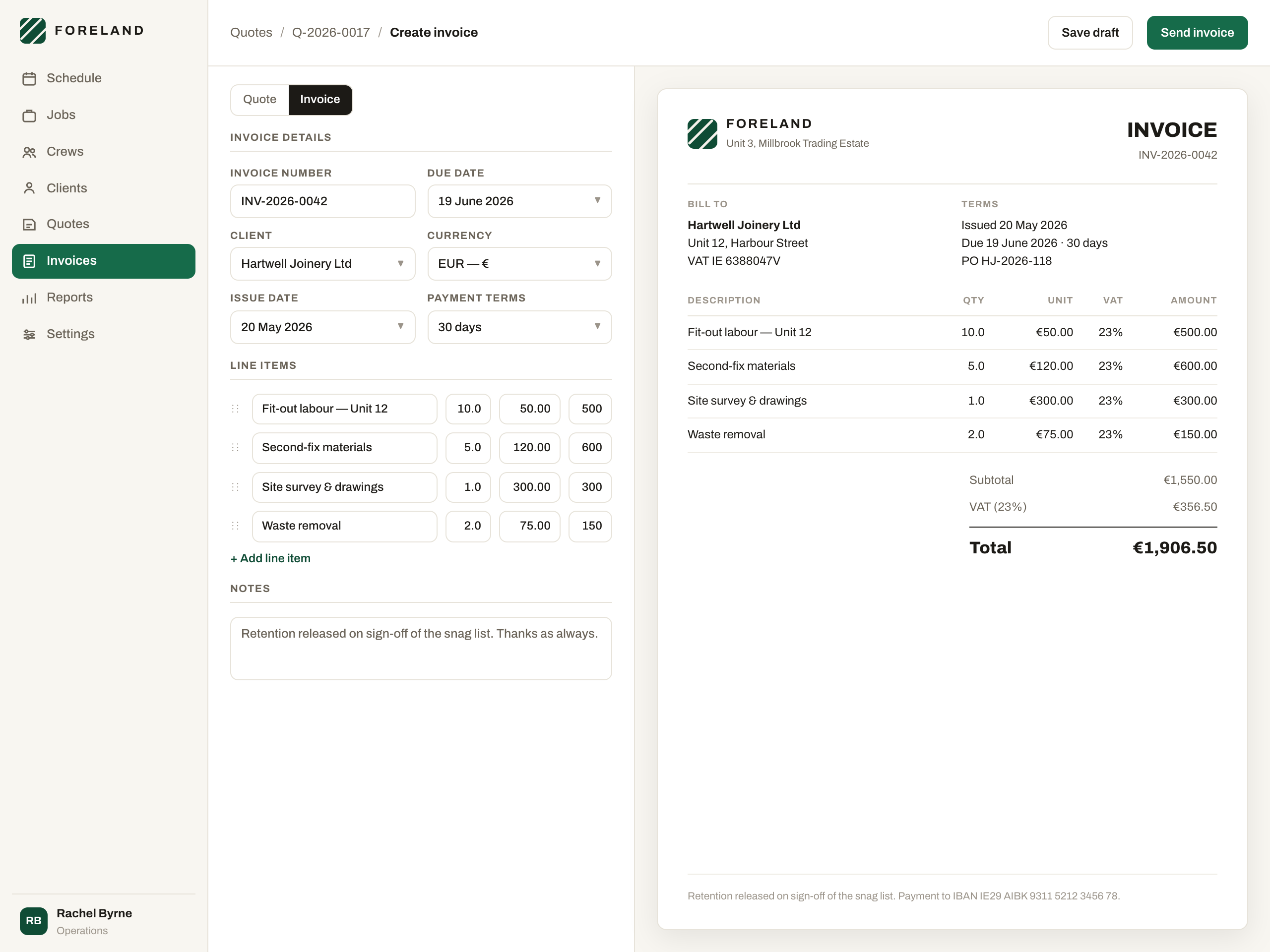 Example quote and invoice screens
